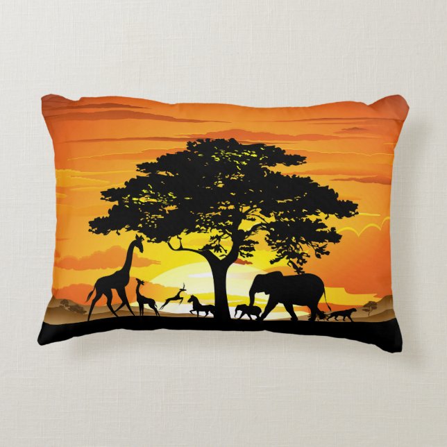 Wild Animals on African Savanna Sunset Accent Pillow (Back)