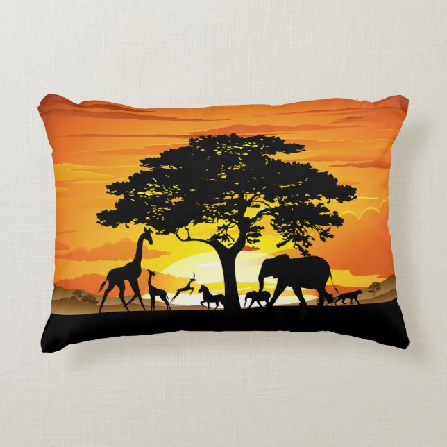 Wild Animals on African Savanna Sunset Accent Pillow (Front)