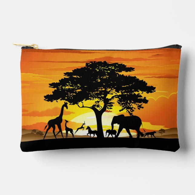 Wild Animals on African Savanna Sunset Accessory Pouch (Front)