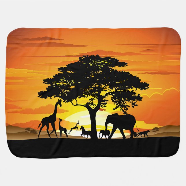 Wild Animals on African Savanna Sunset Baby Blanket (Horizontal)