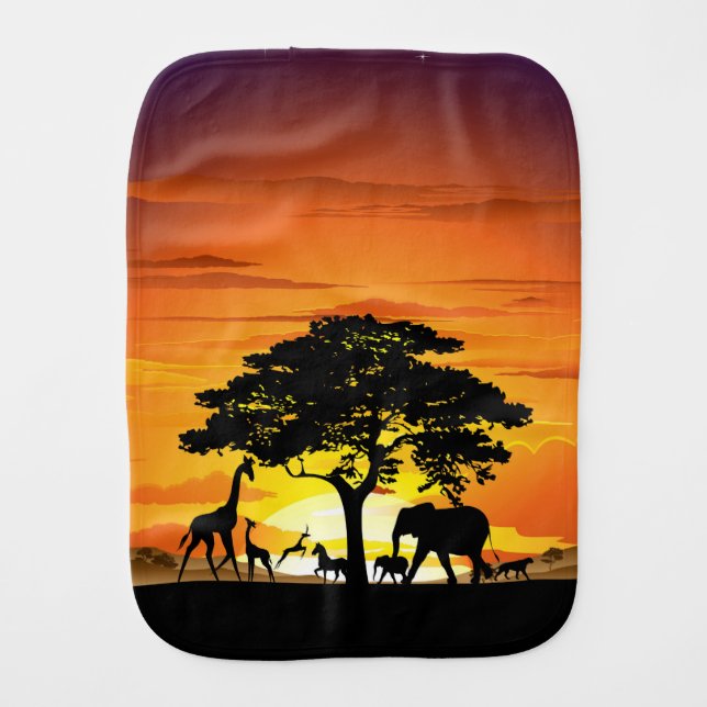 Wild Animals on African Savanna Sunset Baby Burp Cloth (Front)