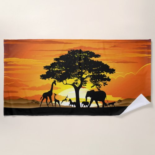 Wild Animals on African Savanna Sunset Beach Towel