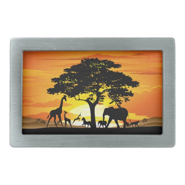 Wild Animals on African Savanna Sunset Belt Buckle (Front)