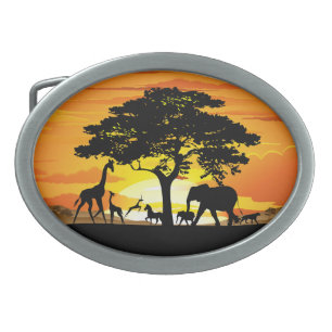 Wild Animals on African Savanna Sunset Belt Buckle