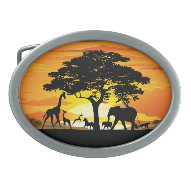 Wild Animals on African Savanna Sunset Belt Buckle (Front)
