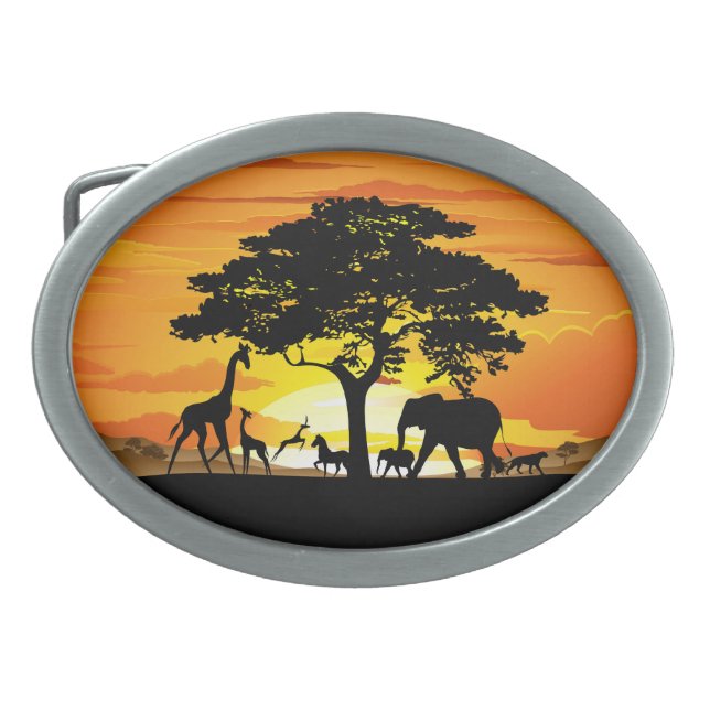 Wild Animals on African Savanna Sunset Belt Buckle (Front)
