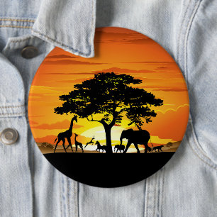 Wild Animals on African Savanna Sunset Button