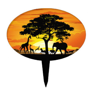 Wild Animals on African Savanna Sunset Cake Topper