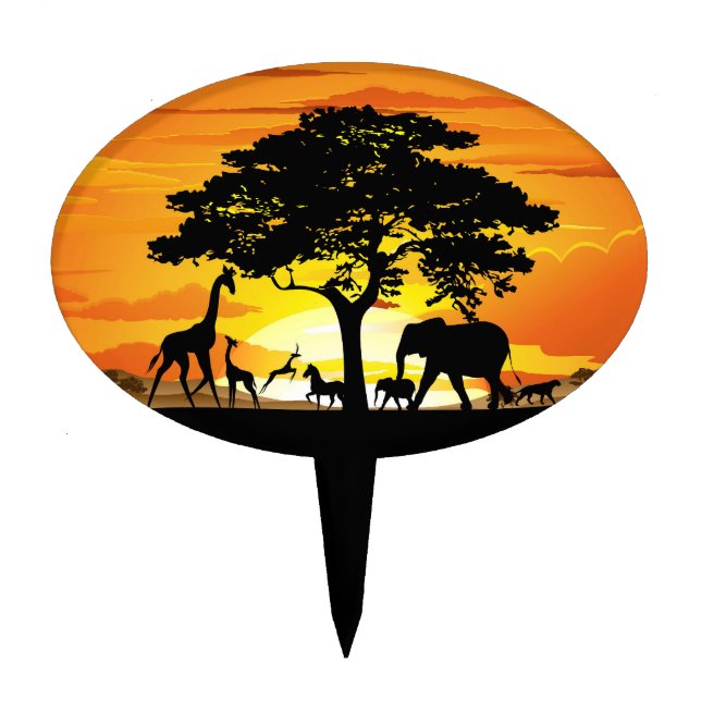 Wild Animals on African Savanna Sunset Cake Topper (Front)