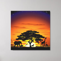 Wild Animals on African Savanna Sunset Canvas Print