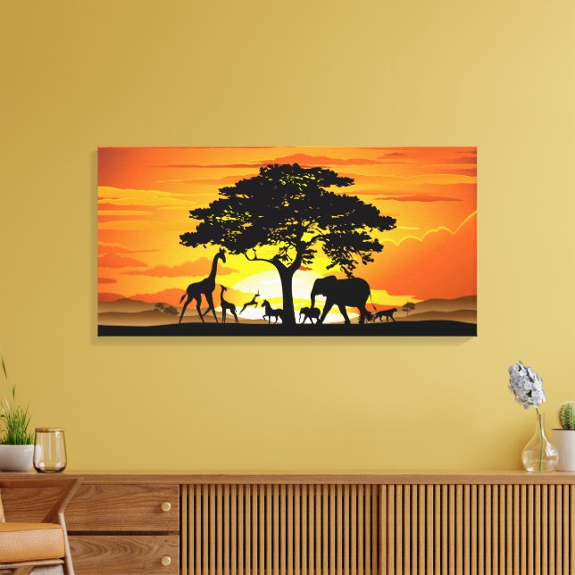 Wild Animals on African Savanna Sunset Canvas Print (Insitu(LivingRoom))