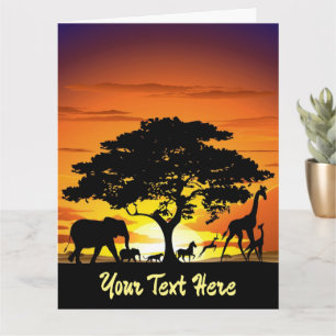 Wild Animals on African Savanna Sunset Card