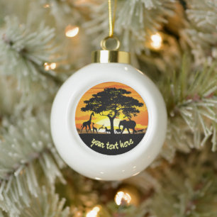 Wild Animals on African Savanna Sunset Ceramic Ball Christmas Ornament