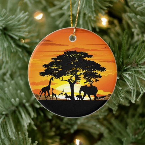 Wild Animals on African Savanna Sunset Ceramic Ornament