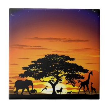 Wild Animals On African Savanna Sunset Ceramic Tile by Bluedarkat at Zazzle