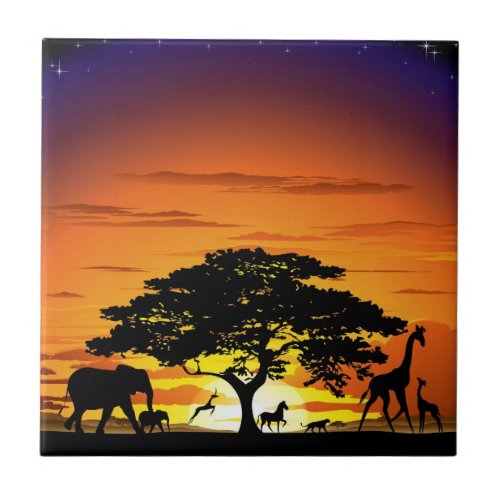 Wild Animals on African Savanna Sunset Ceramic Tile