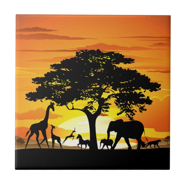 Wild Animals on African Savanna Sunset Ceramic Tile (Front)