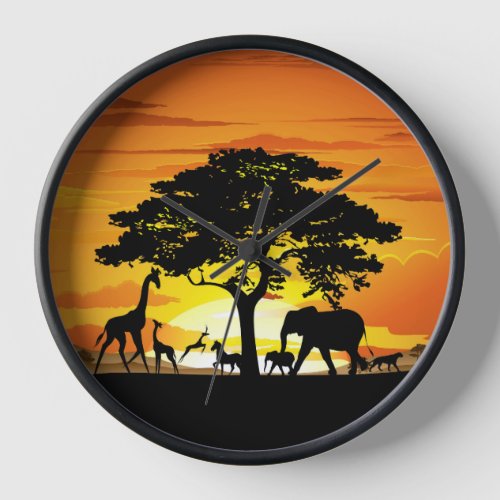 Wild Animals on African Savanna Sunset Clock