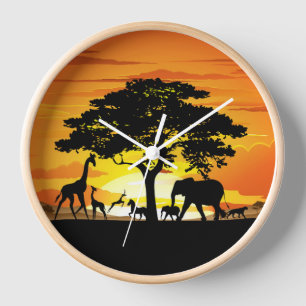 Wild Animals on African Savanna Sunset Clock