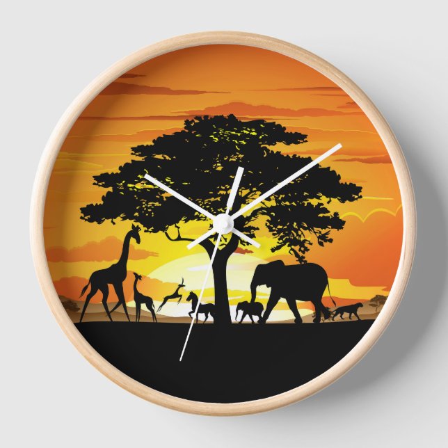 Wild Animals on African Savanna Sunset Clock (Front)