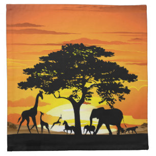 Wild Animals on African Savanna Sunset Cloth Napkin