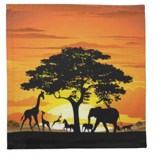 Wild Animals on African Savanna Sunset Cloth Napkin