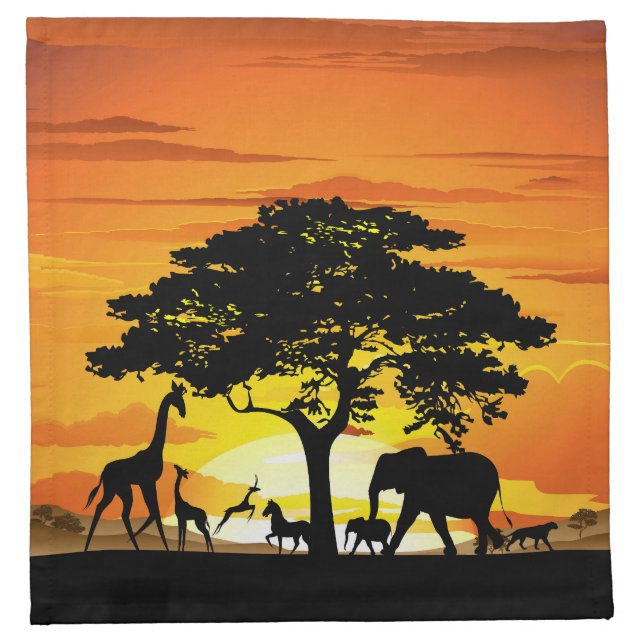 Wild Animals on African Savanna Sunset Cloth Napkin (Front)