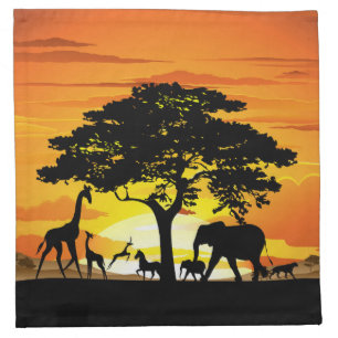 Wild Animals on African Savanna Sunset Cloth Napkin