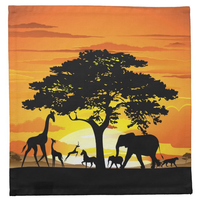 Wild Animals on African Savanna Sunset Cloth Napkin (Front)