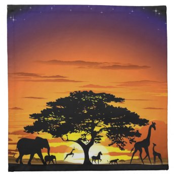 Wild Animals On African Savanna Sunset Cloth Napkin by Bluedarkat at Zazzle