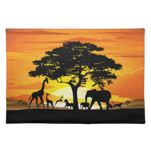 Wild Animals on African Savanna Sunset Cloth Placemat