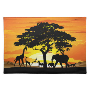 Wild Animals on African Savanna Sunset Cloth Placemat