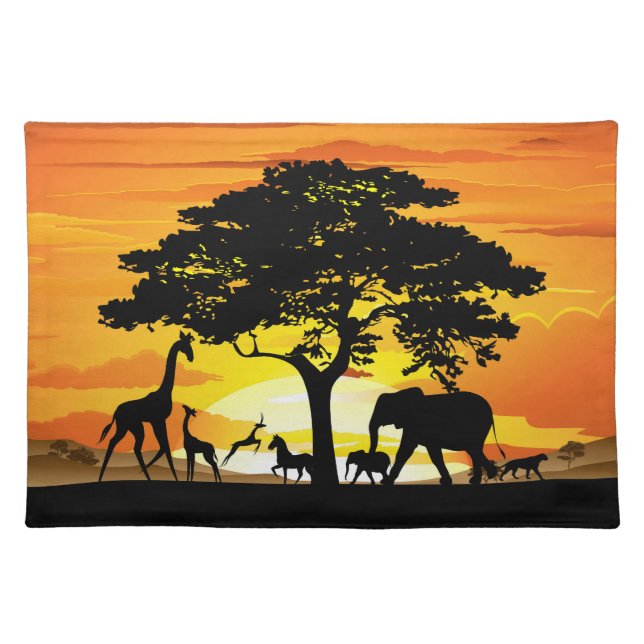 Wild Animals on African Savanna Sunset Cloth Placemat (Front)