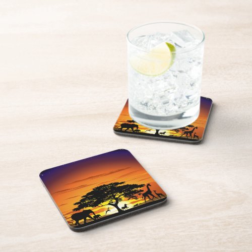 Wild Animals on African Savanna Sunset Coaster