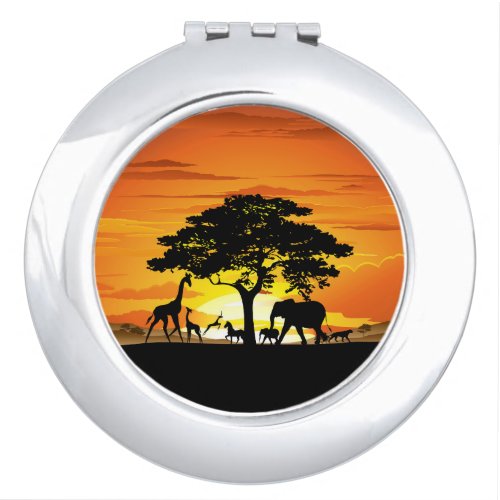 Wild Animals on African Savanna Sunset Compact Mirror