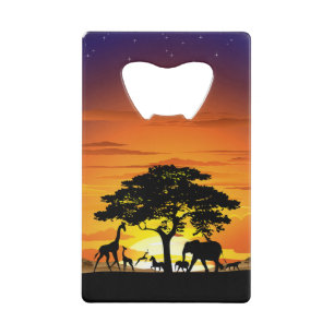 Wild Animals on African Savanna Sunset Credit Card Bottle Opener