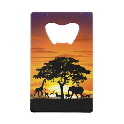 Wild Animals on African Savanna Sunset Credit Card Bottle Opener