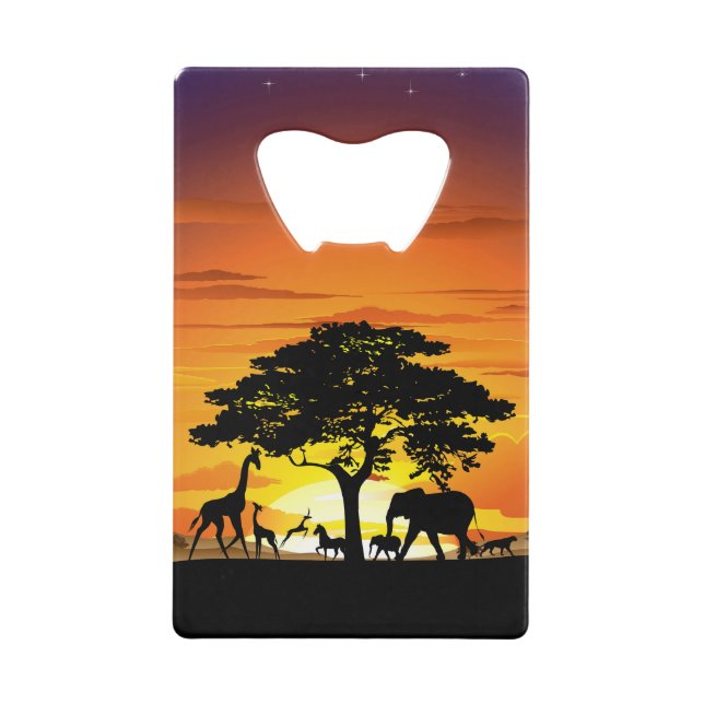 Wild Animals on African Savanna Sunset Credit Card Bottle Opener (Front)
