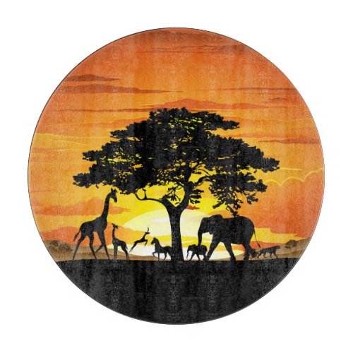 Wild Animals on African Savanna Sunset Cutting Board