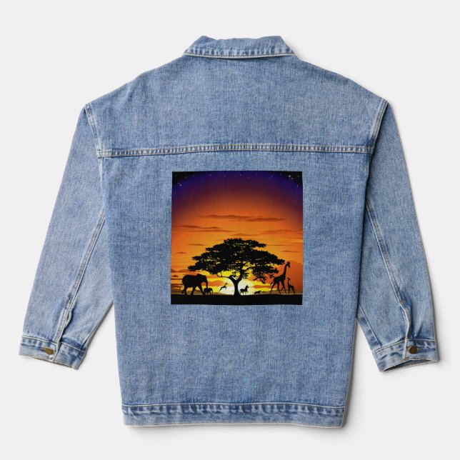 Wild Animals on African Savanna Sunset Denim Jacket (Back)