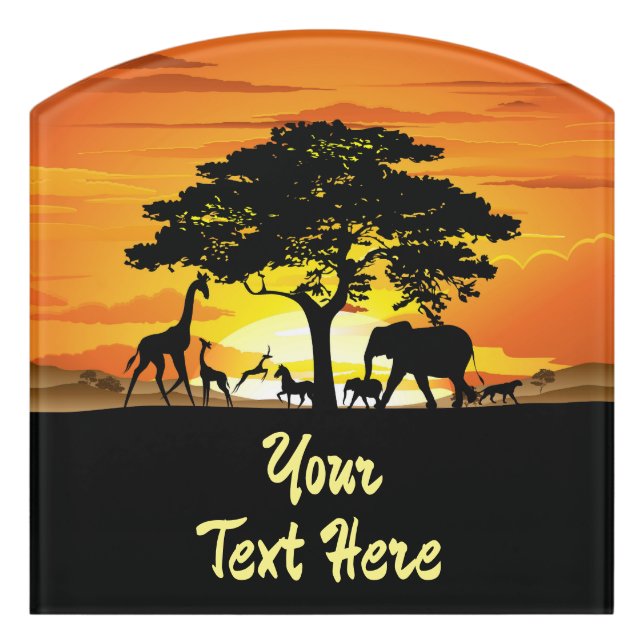 Wild Animals on African Savanna Sunset Door Sign (Contour Front)