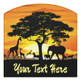 Wild Animals on African Savanna Sunset Door Sign