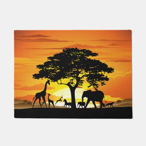 Wild Animals on African Savanna Sunset Doormat