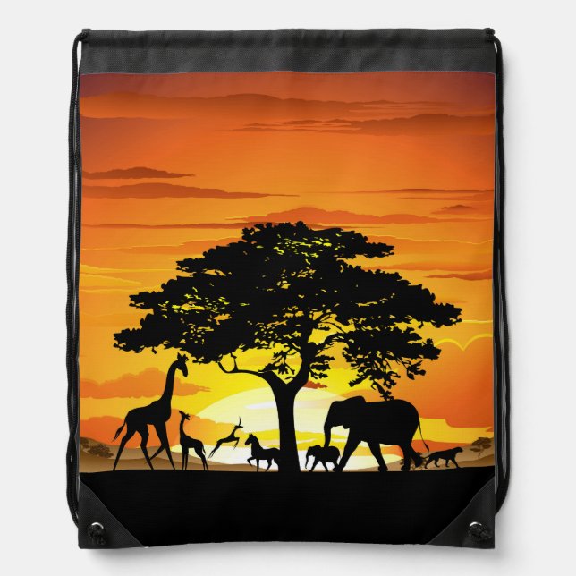 Wild Animals on African Savanna Sunset Drawstring Bag (Front)
