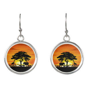 Wild Animals on African Savanna Sunset Earrings
