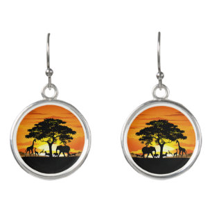Wild Animals on African Savanna Sunset Earrings