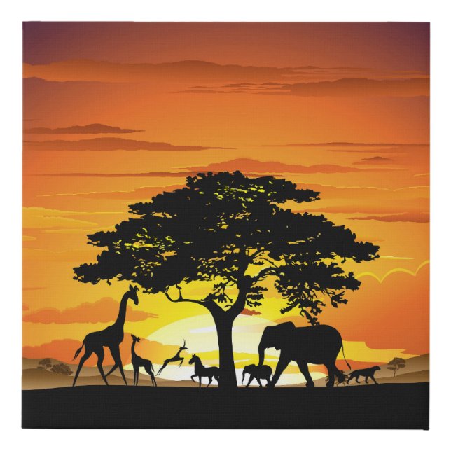 Wild Animals on African Savanna Sunset Faux Canvas Print (Front)