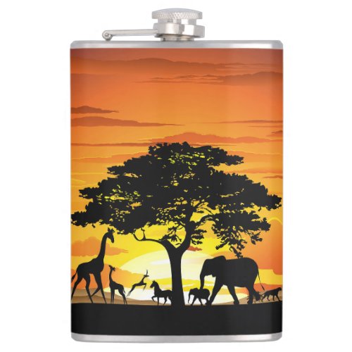 Wild Animals on African Savanna Sunset Flask