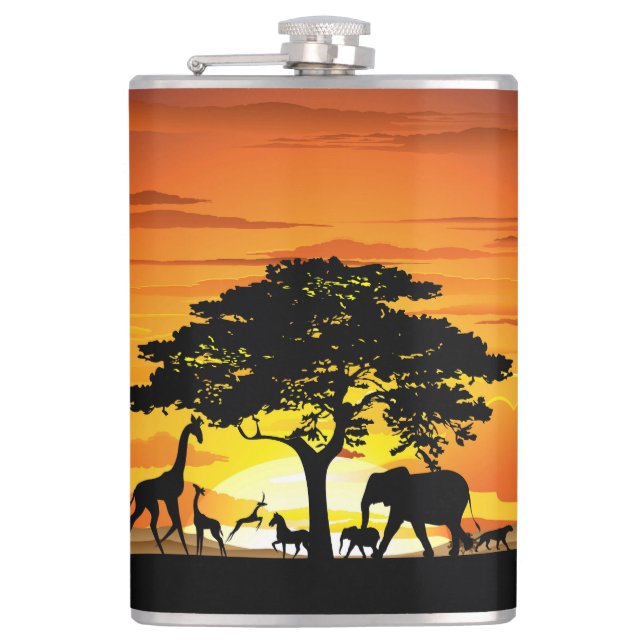 Wild Animals on African Savanna Sunset Flask (Front)
