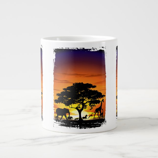 Wild Animals on African Savanna Sunset Giant Coffee Mug (Front)